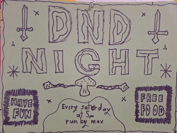 Hand drawn flyer about DnD night