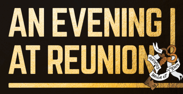 A black banner with shiny gold letters says "An Evening at Reunion".